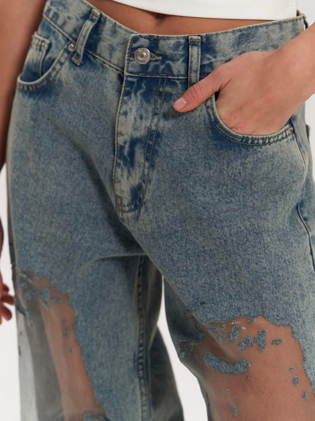 Y2K Hollow Mesh Vintage Wash Straight Jeans