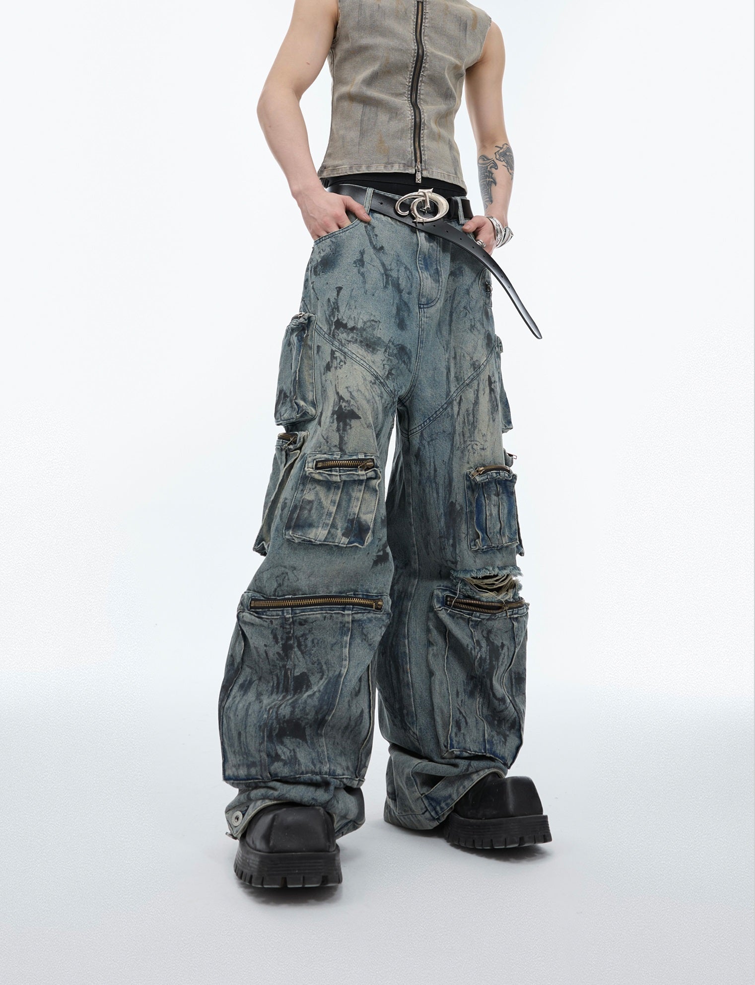 Cyberpunk Utility Distressed Cargo Denim