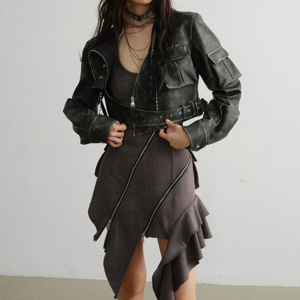 Irregular-Cut Polished Leather Jacket