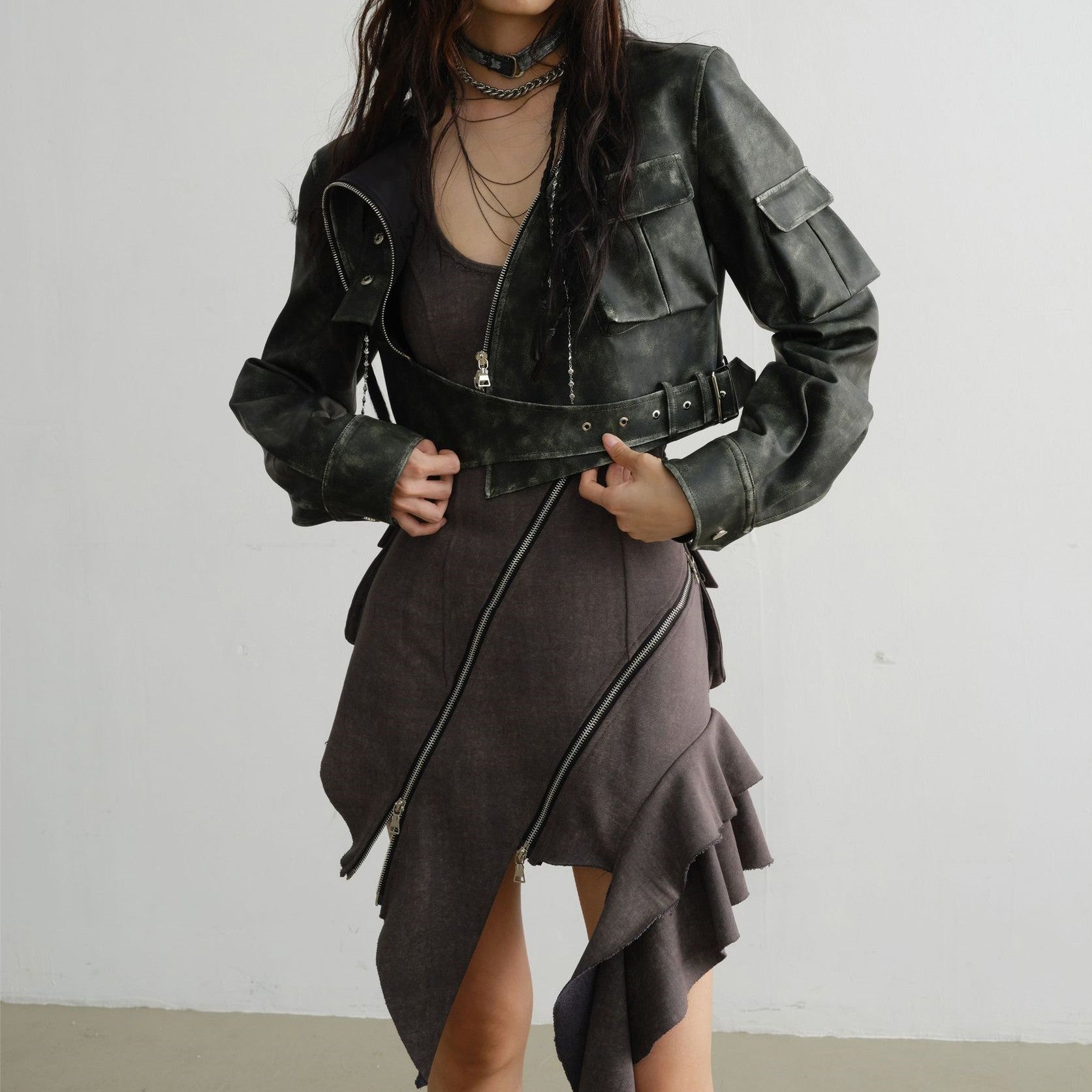 Irregular-Cut Polished Leather Jacket