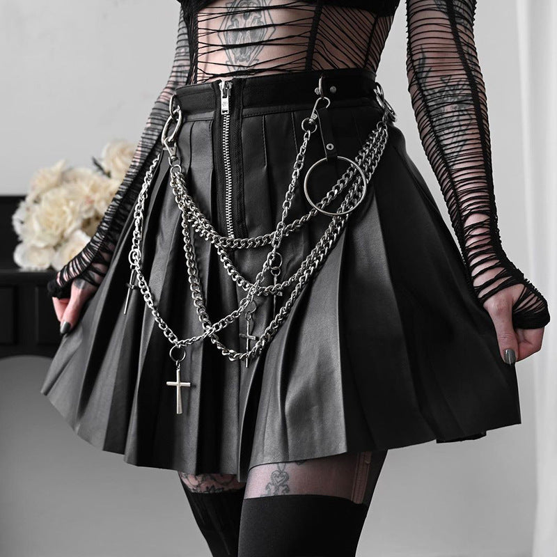 Gothic Chain Pleated Leather Mini