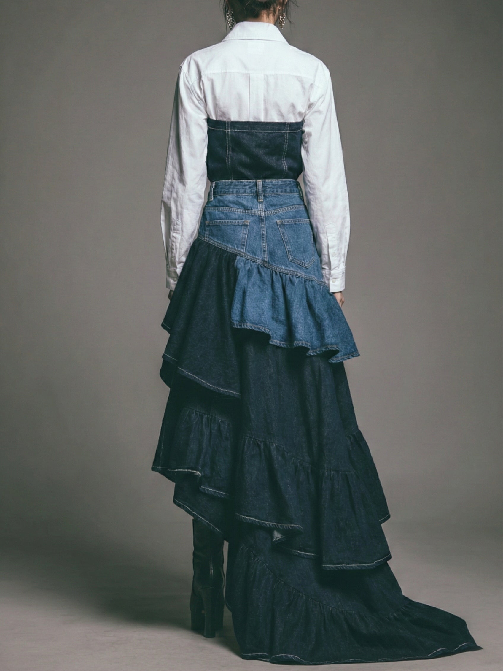 Two-Tone Denim Asymmetric Layered Ruffle Midi Skirt