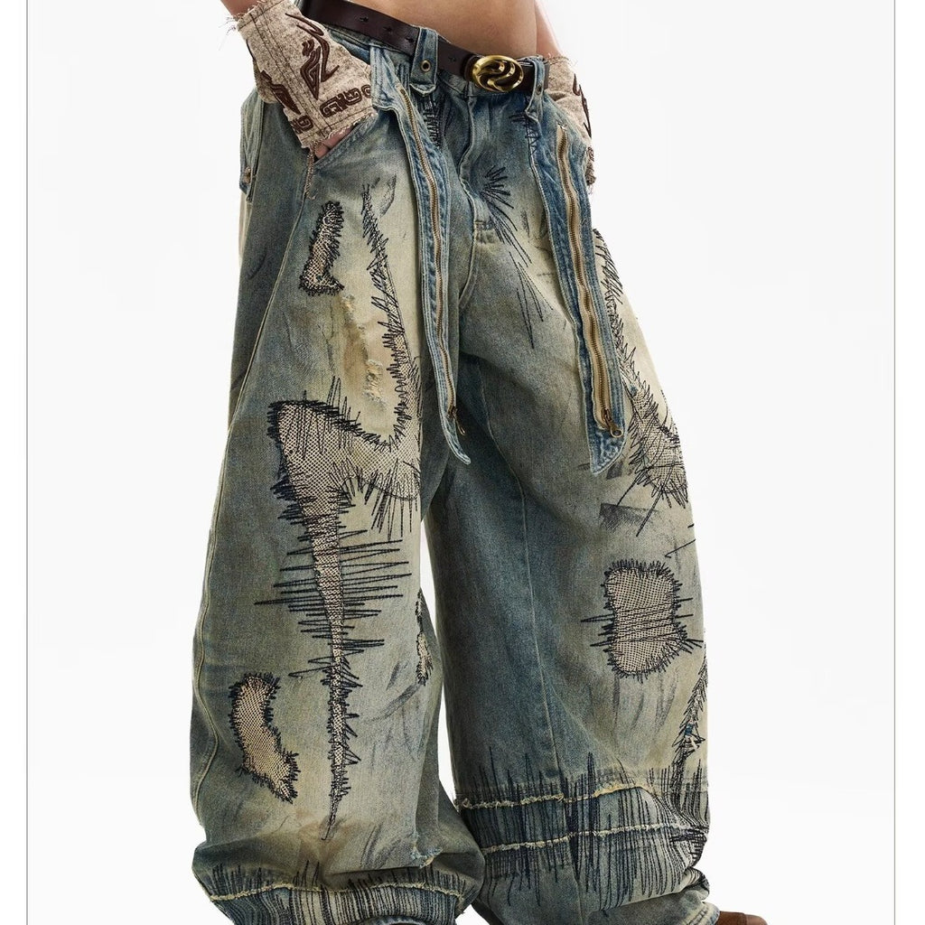 Heavy Industry Random-Stitch Graffiti Jeans