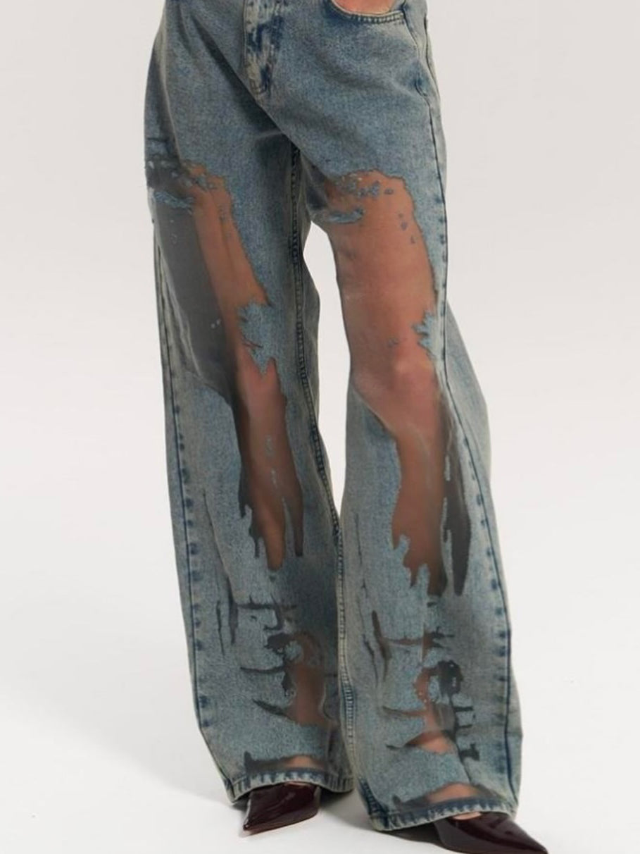 Y2K Hollow Mesh Vintage Wash Straight Jeans