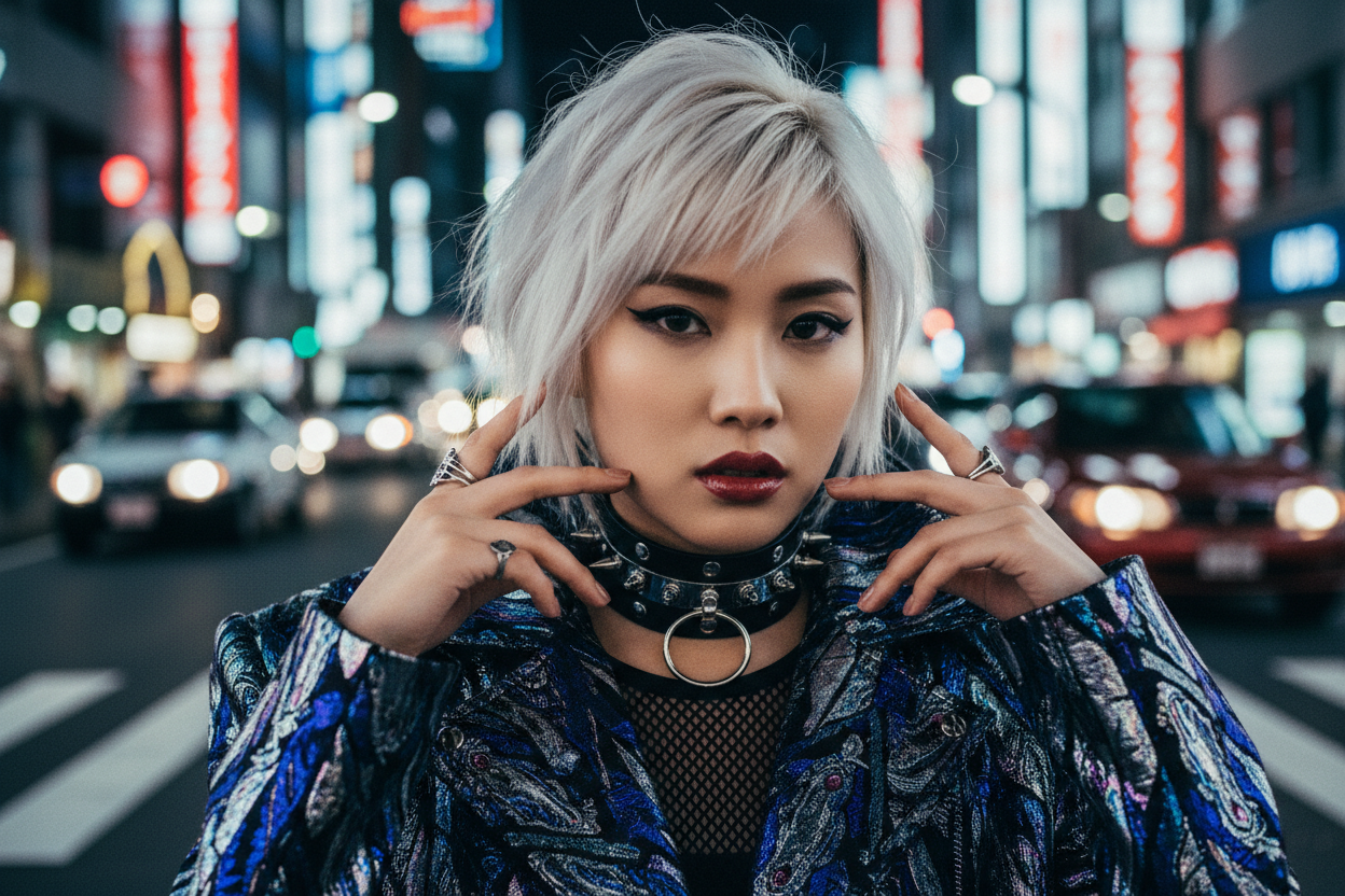 girl looking straight into the camera, tokyo style, bleached hair, choker, high fashion