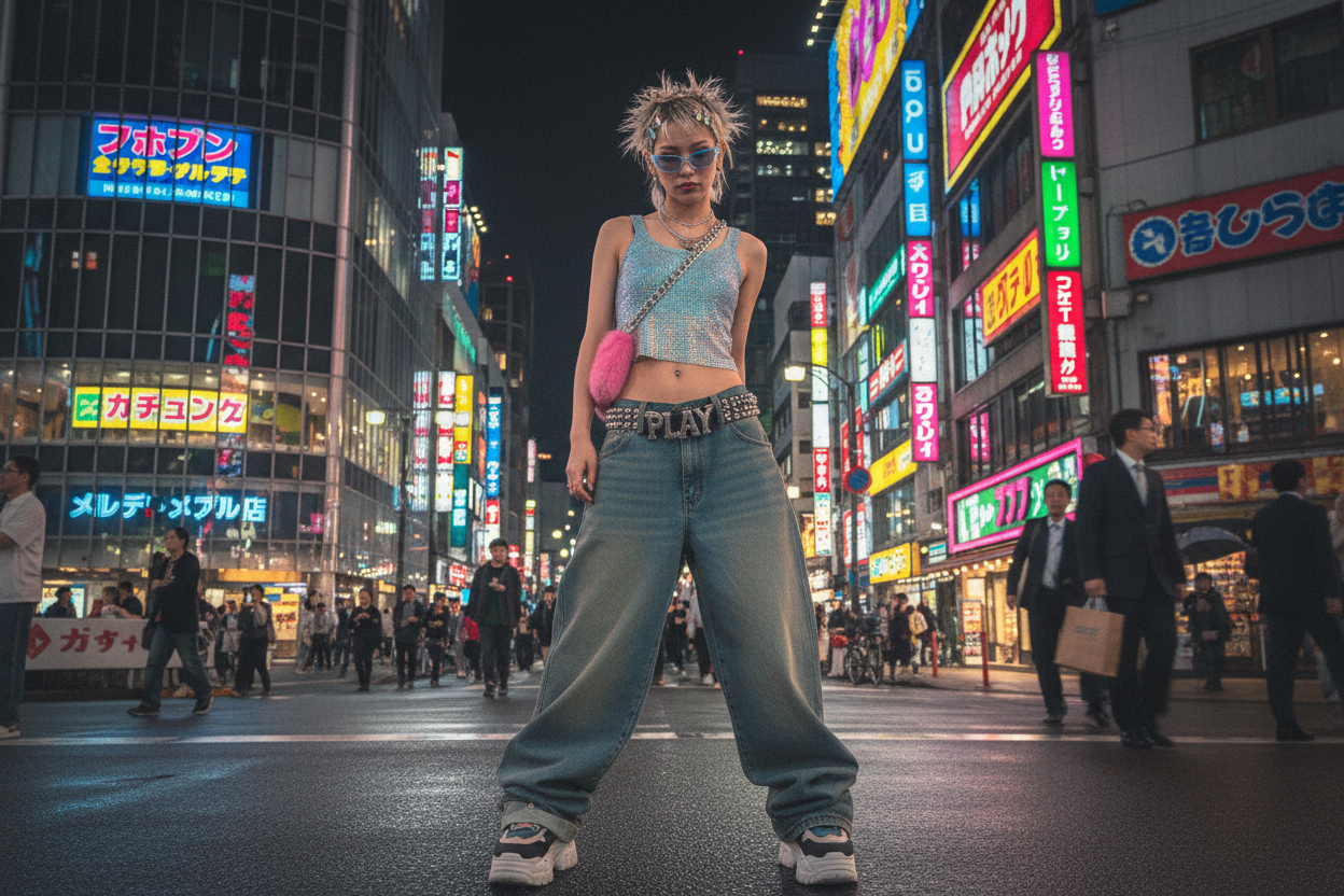 y2k street fashion baggy jeans in toky